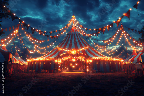 Night view of a circus tent under a warn sunset and chaotic sky