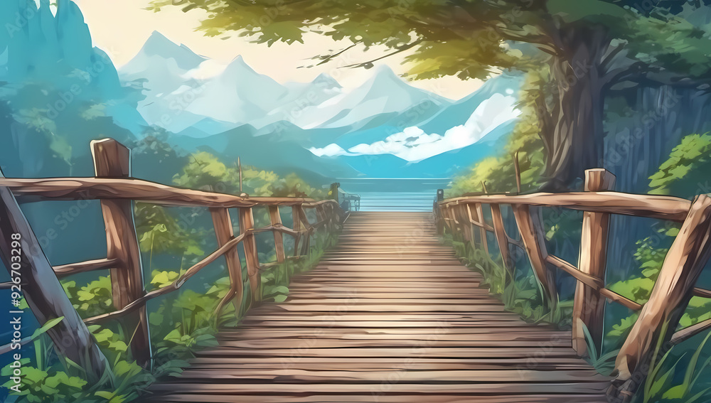 Fototapeta premium anime forest wooden bridge cartoon fantasy woods nature wood