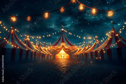 Night view of a circus tent under a warn sunset and chaotic sky