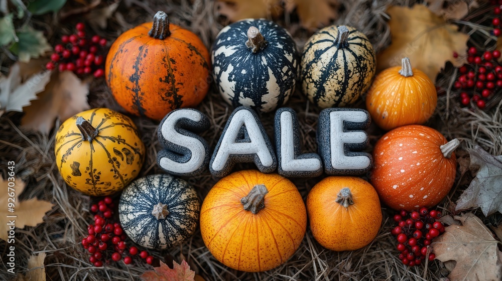 Sale sign with pumpkins and berries on rustic autumn display Sale sign with pumpkins and berries on rustic autumn display