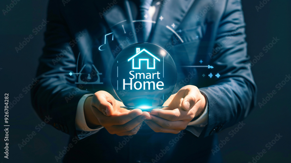 Businessman demonstrates a cutting-edge smart home interface within a digital sphere Businessman demonstrates a cutting-edge smart home interface within a digital sphere