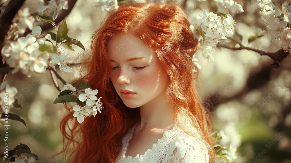 Redhead amidst apple blossoms. Redhead amidst apple blossoms.