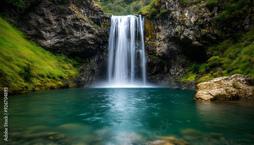 majestic waterfall tumbling into a serene pool, ,