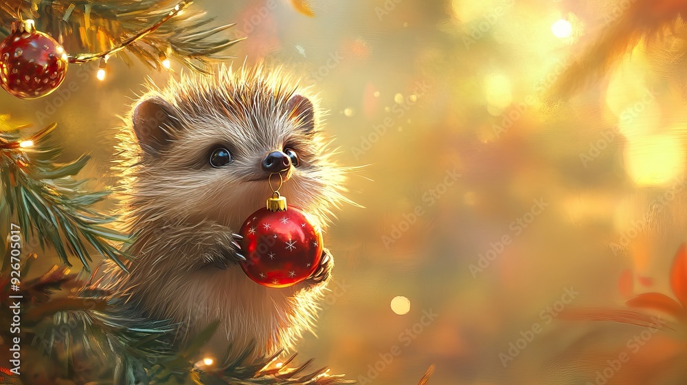 Hedgehog and Christmas tree and toy. Close up cute hedgehog in Winter, Christmas holiday decoration background. AI generated image Hedgehog and Christmas tree and toy. Close up cute hedgehog in Winter, Christmas holiday decoration background. AI generated image