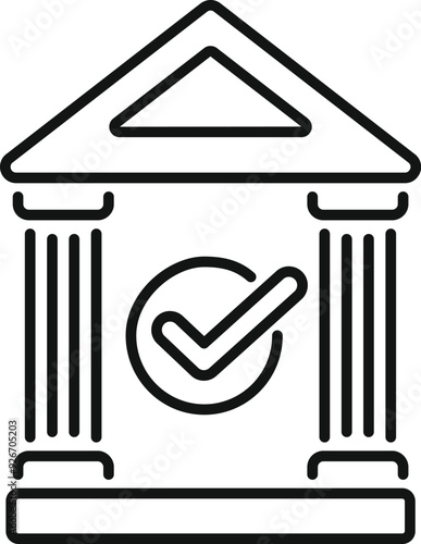 Line art vector icon of a bank building with a check mark, conveying trust and reliability