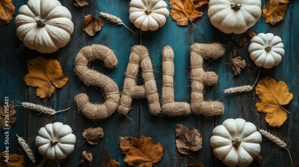 Rustic sale sign with white pumpkins and autumn leaves Rustic sale sign with white pumpkins and autumn leaves