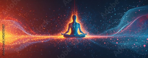 A high-resolution graphic showing a pulsating aura around a meditation figure, with sound waves interacting with the chakras, creating a sense of cosmic balance