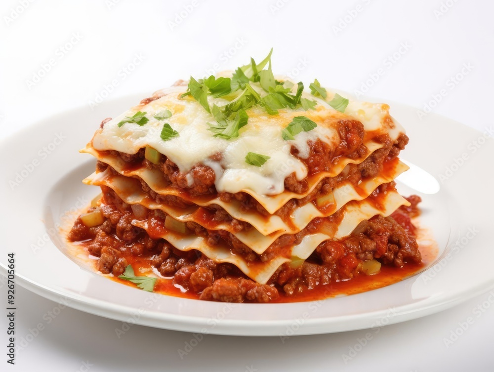 Delicious lasagna layered with meat, cheese, and herbs, served on a white plate. Perfect comfort food for any occasion. Delicious lasagna layered with meat, cheese, and herbs, served on a white plate. Perfect comfort food for any occasion.