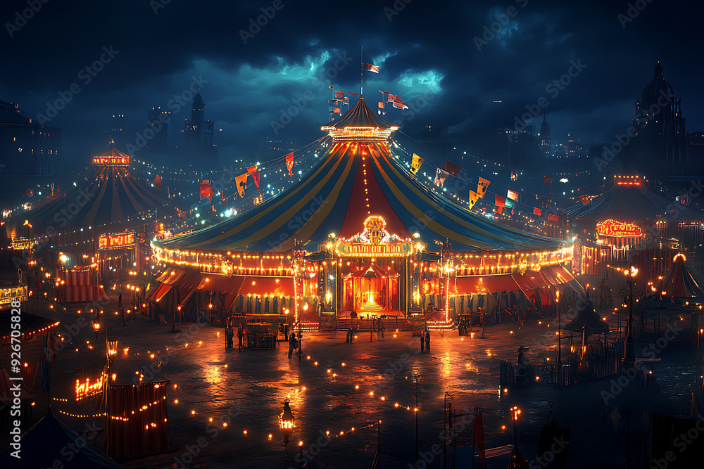 The circus illuminated and decorated with garlands of light bulbs, at night The circus illuminated and decorated with garlands of light bulbs, at night