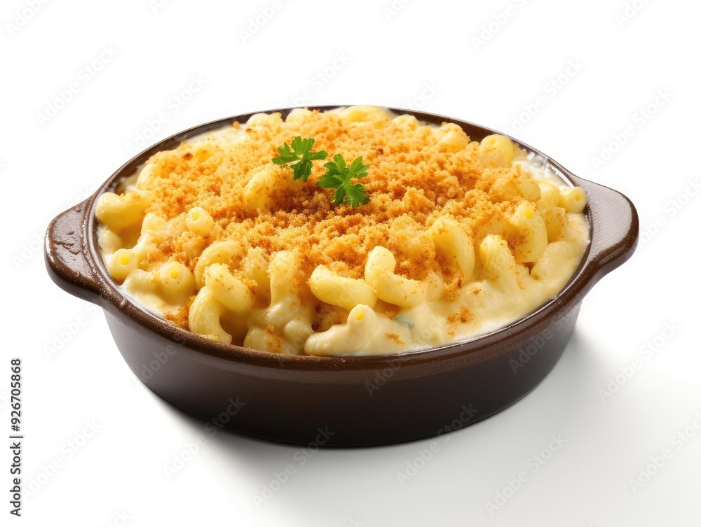 Delicious macaroni and cheese topped with golden breadcrumbs, served in a rustic bowl on a white background. Delicious macaroni and cheese topped with golden breadcrumbs, served in a rustic bowl on a white background.