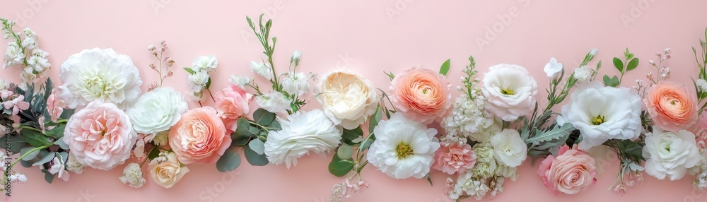 Elegant floral arrangement of pastel roses and greenery on a soft pink background, perfect for romantic and spring-themed designs. Elegant floral arrangement of pastel roses and greenery on a soft pink background, perfect for romantic and spring-themed designs.