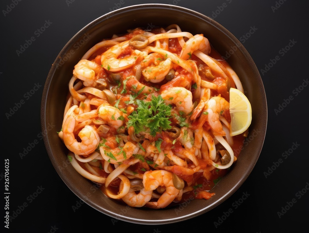 Delicious shrimp pasta garnished with fresh herbs and lemon, perfect for culinary inspiration and food photography. Delicious shrimp pasta garnished with fresh herbs and lemon, perfect for culinary inspiration and food photography.