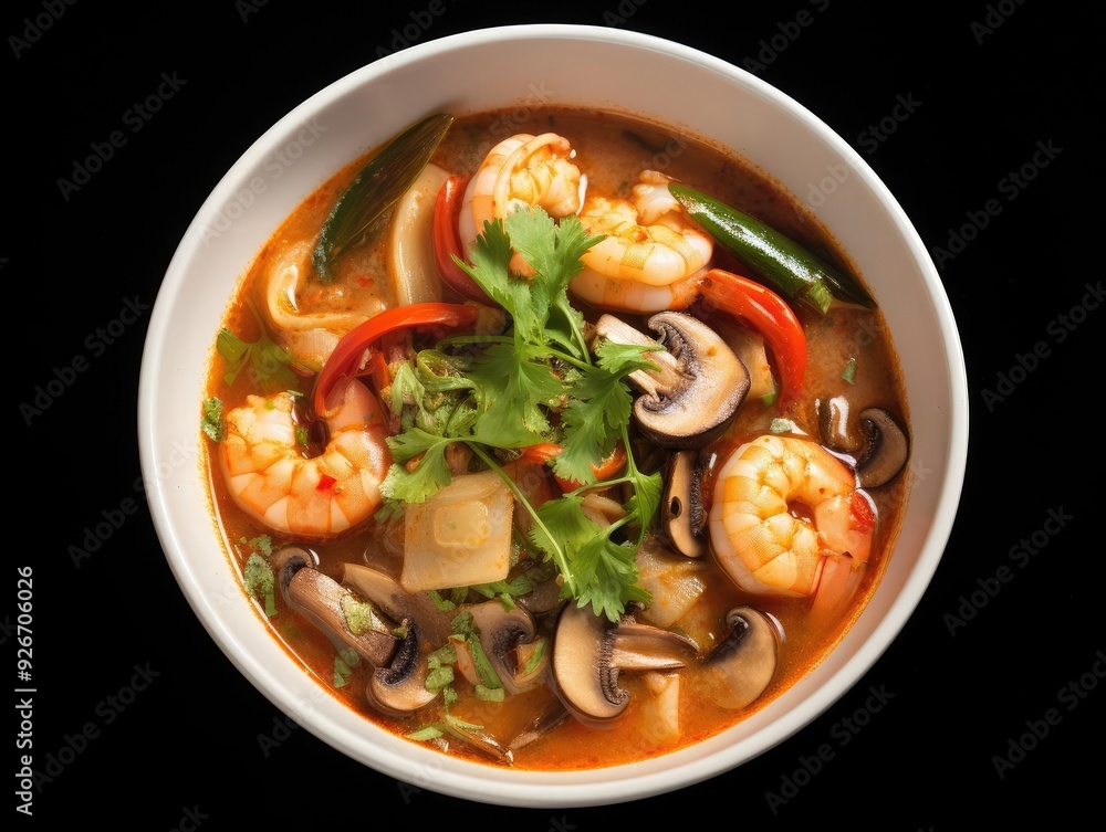 A vibrant bowl of shrimp soup filled with fresh vegetables and herbs, perfect for a hearty meal or culinary inspiration. A vibrant bowl of shrimp soup filled with fresh vegetables and herbs, perfect for a hearty meal or culinary inspiration.