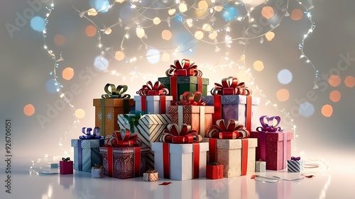 A tightly framed, shallow-depth close-up of a stack vibrant, assorted-sized Christmas gift boxes with intricately tied bows in various textures, surrounded by a warm,