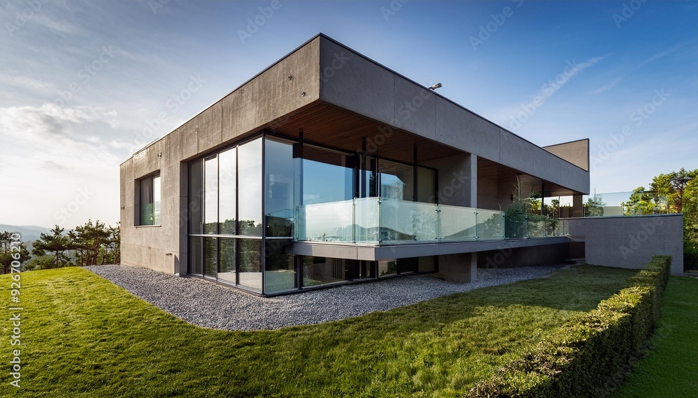 Modern Concrete House with Large Windows and Glass Balcony Modern Concrete House with Large Windows and Glass Balcony