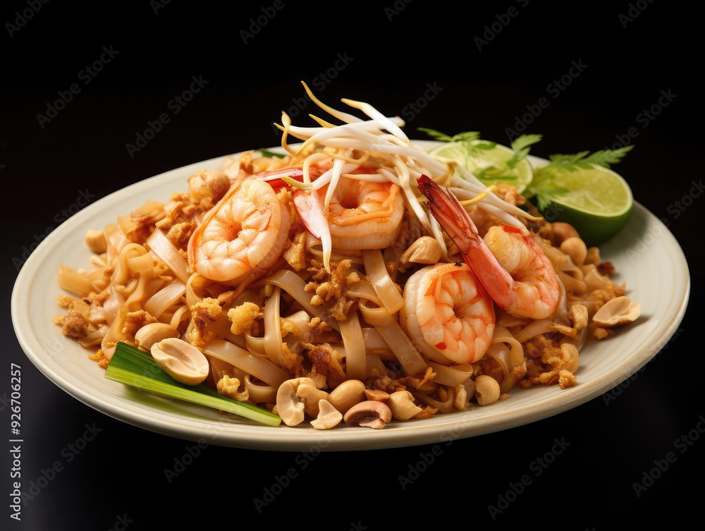 Delicious shrimp pad thai served on a plate, garnished with lime and fresh herbs, perfect for culinary enthusiasts. Delicious shrimp pad thai served on a plate, garnished with lime and fresh herbs, perfect for culinary enthusiasts.
