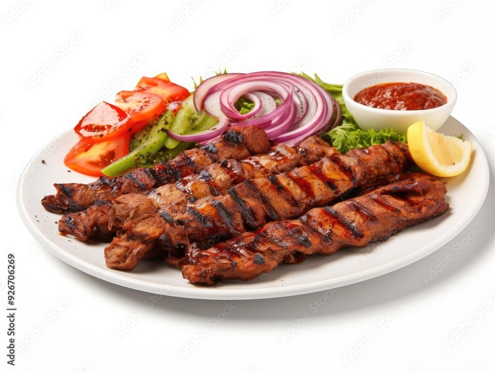 Grilled kebabs served on a plate with fresh vegetables, sauce, and lemon. Perfect for a delicious meal or food presentation. Grilled kebabs served on a plate with fresh vegetables, sauce, and lemon. Perfect for a delicious meal or food presentation.