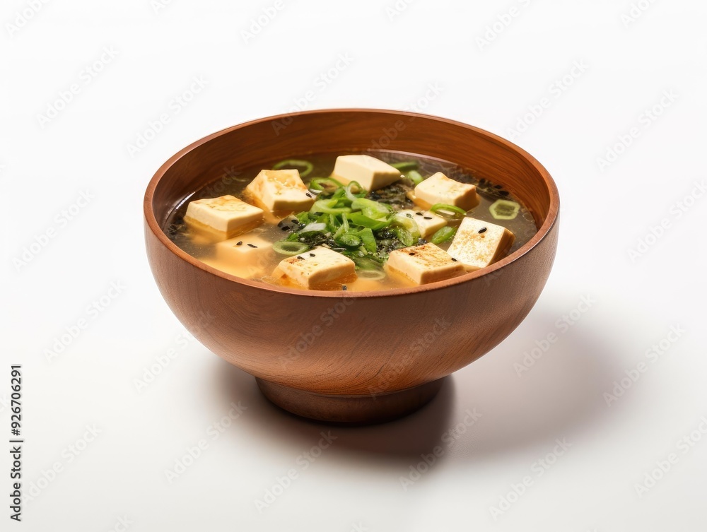 Delicious tofu soup garnished with green onion, served in a wooden bowl, showcasing rich flavors and healthy ingredients. Delicious tofu soup garnished with green onion, served in a wooden bowl, showcasing rich flavors and healthy ingredients.
