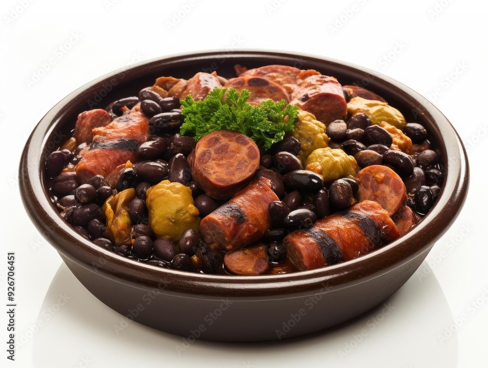 A delicious bowl of black beans mixed with sausage and spices, garnished with fresh parsley, perfect for hearty meals. A delicious bowl of black beans mixed with sausage and spices, garnished with fresh parsley, perfect for hearty meals.