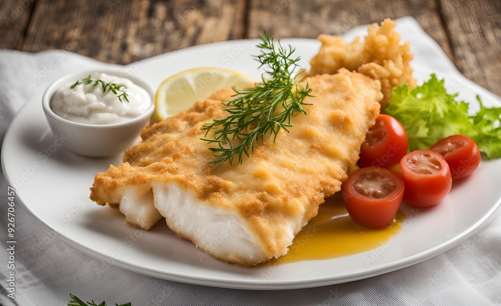 Crispy tender battered cod served with creamy white sauce, fresh herbs and ripe tomatoes. A delicious seafood dish that combines crispy texture with flavorful, juicy elements. Crispy tender battered cod served with creamy white sauce, fresh herbs and ripe tomatoes. A delicious seafood dish that combines crispy texture with flavorful, juicy elements.