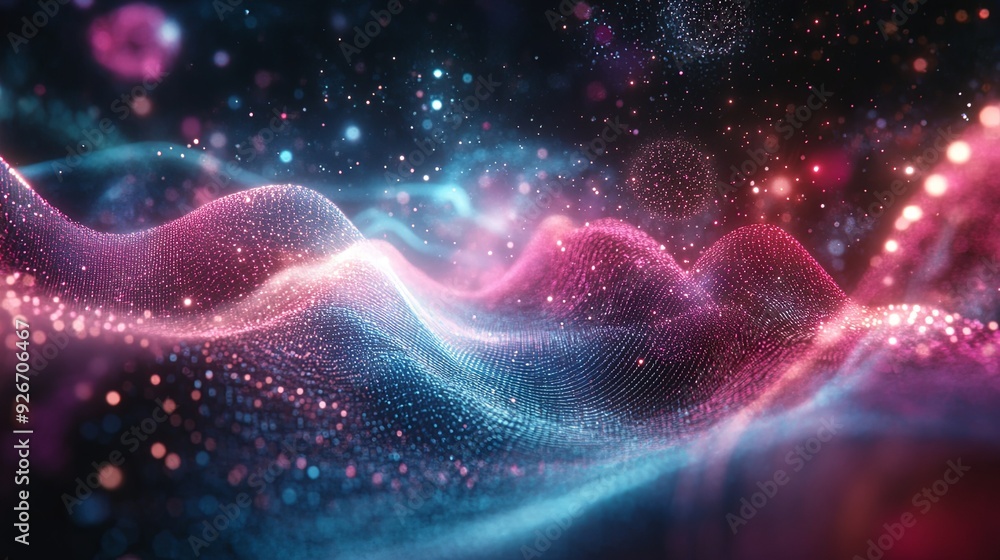A graphic showing sound waves merging with cosmic particles, creating a sense of harmony and balance, with detailed lighting and dimensional effects A graphic showing sound waves merging with cosmic particles, creating a sense of harmony and balance, with detailed lighting and dimensional effects