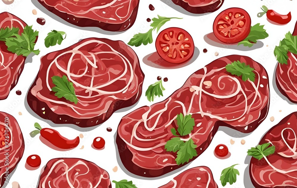 Illustration of marinated beef seasoned with various spices and ingredients, ready for cooking and highlighting the rich flavors and textures, prepared for a delicious fresh meal. Illustration of marinated beef seasoned with various spices and ingredients, ready for cooking and highlighting the rich flavors and textures, prepared for a delicious fresh meal.