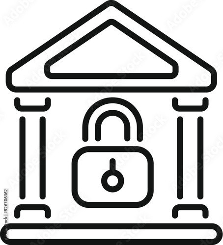 Simple line art icon of a bank building with a lock, representing financial security and protection