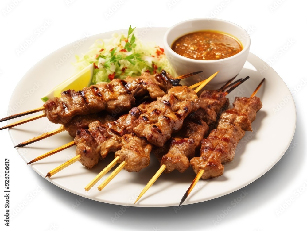 Delicious grilled skewers served with spicy sauce, garnished with fresh salad. Perfect for any outdoor barbecue or gathering. Delicious grilled skewers served with spicy sauce, garnished with fresh salad. Perfect for any outdoor barbecue or gathering.