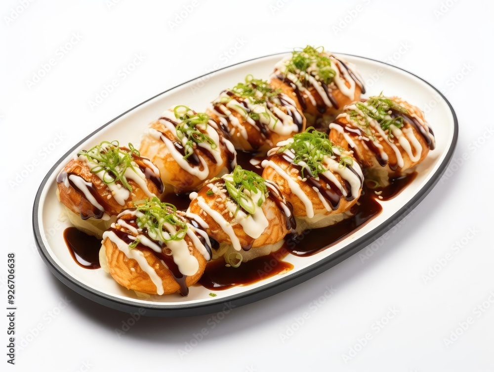 A delicious serving of crispy takoyaki balls drizzled with sauce and topped with green onions for a tasty treat. A delicious serving of crispy takoyaki balls drizzled with sauce and topped with green onions for a tasty treat.