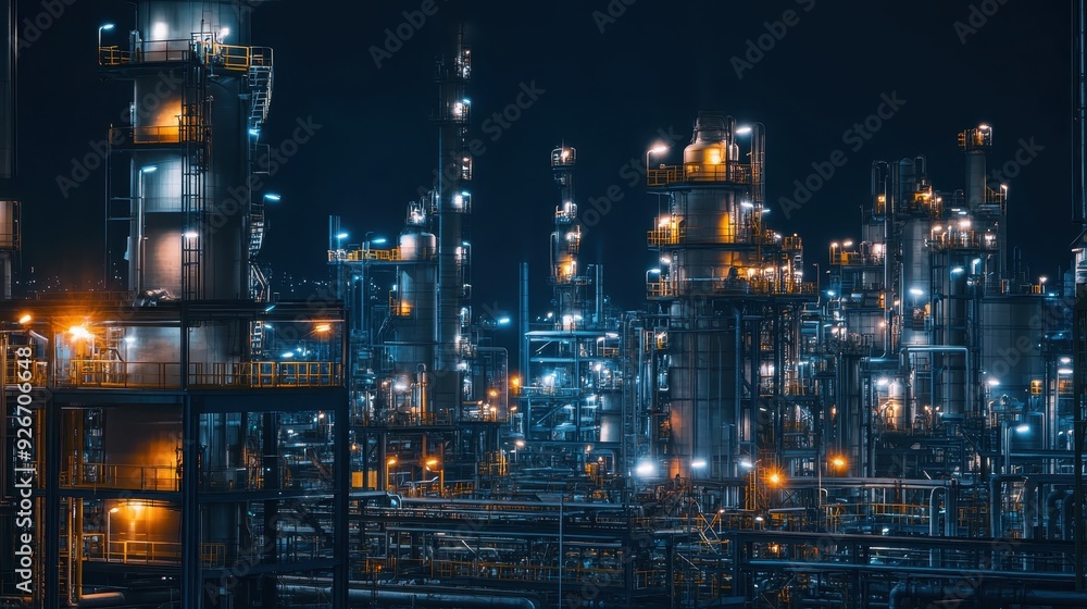 Fototapeta premium Industrial night view at a refinery. Vibrant lights illuminate the complex structure, showcasing engineering and manufacturing brilliance.