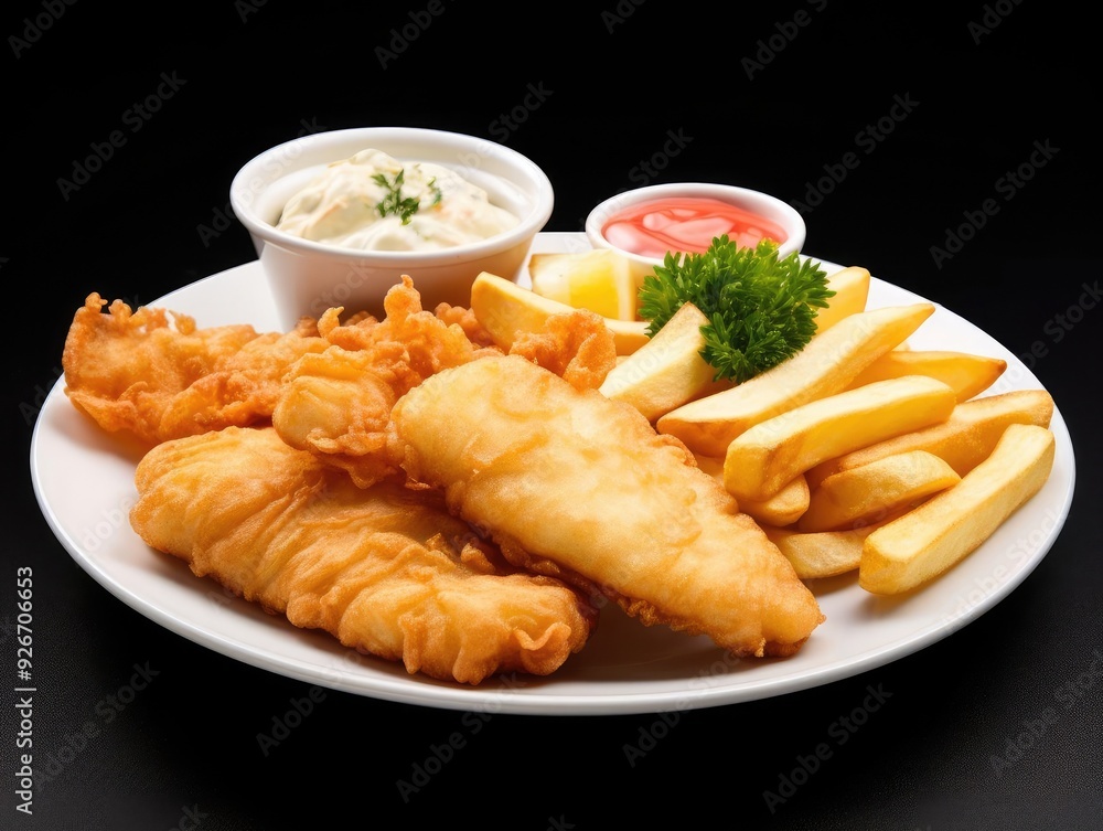 Delicious fried fish fillet served with crispy fries, tartar sauce, and fresh lemon, creating a perfect comfort food meal. Delicious fried fish fillet served with crispy fries, tartar sauce, and fresh lemon, creating a perfect comfort food meal.