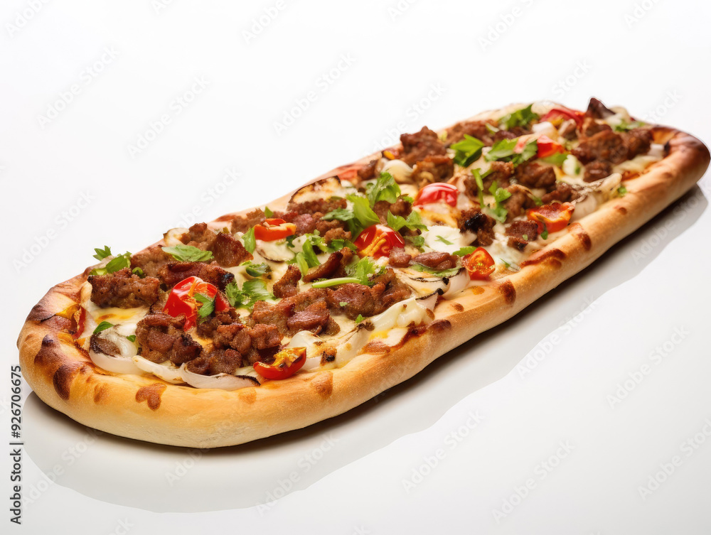 Delicious freshly baked flatbread topped with savory meat, vegetables, and herbs, perfect for sharing or personal enjoyment.