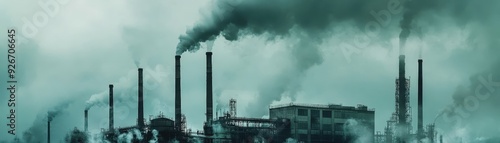 Industrial factory with multiple chimneys emitting smoke, highlighting pollution and environmental impact in an urban setting. photo