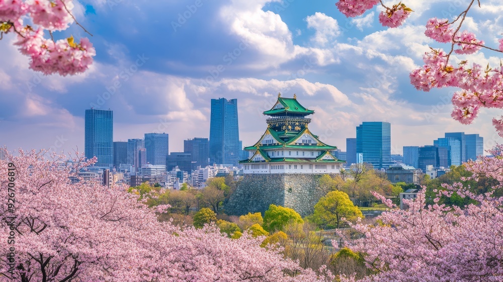 Fototapeta premium Spring Osaka skyline at castle and park.