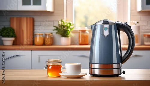Modern electric kettle, cup and honey on wooden table in kitchen