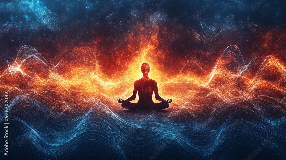 A conceptual image showing sound waves cascading over a meditation figure, representing the flow of cosmic energy into the subconscious mind A conceptual image showing sound waves cascading over a meditation figure, representing the flow of cosmic energy into the subconscious mind