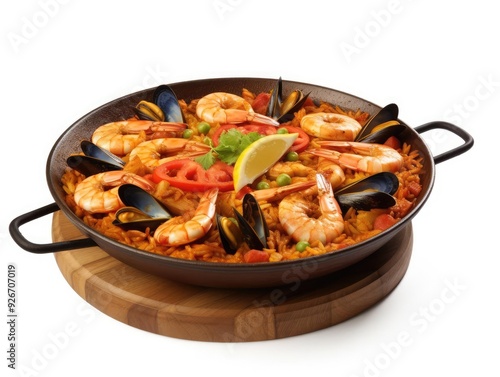 Delicious seafood paella with shrimp, mussels, and colorful vegetables served on a wooden platter, perfect for gourmet dining.