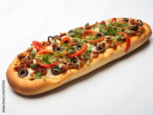 Deliciously baked pizza topped with olives, peppers, and fresh herbs, perfect for sharing with friends and family.