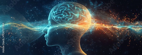 An abstract design of sound waves connecting the brain to a cosmic environment, symbolizing the influence of subconscious treatment music