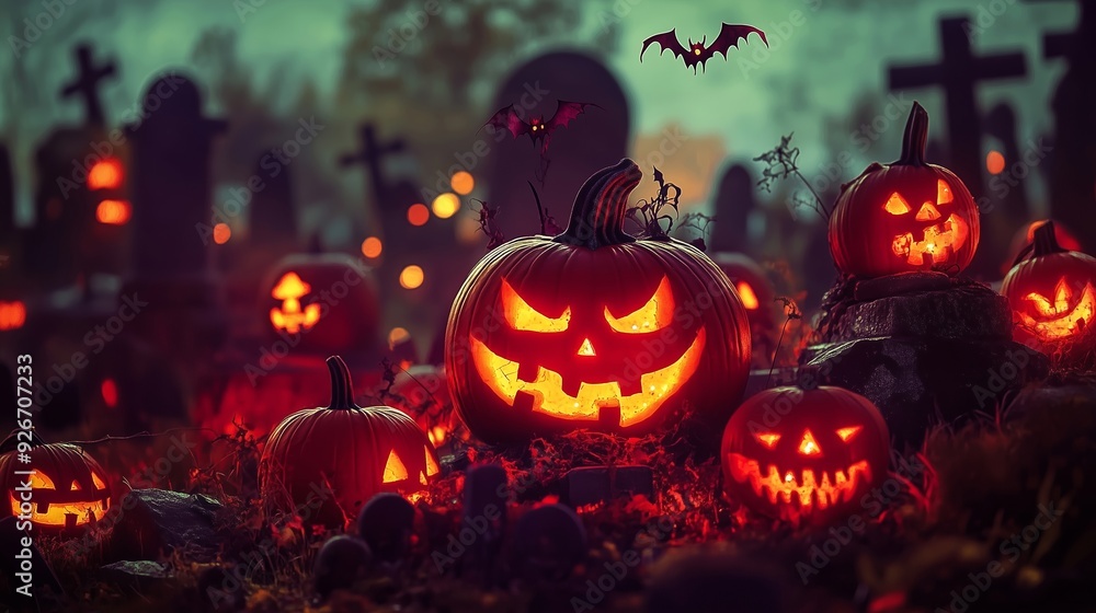 Enchanting Halloween Graveyard with Glowing Pumpkins and Bats Enchanting Halloween Graveyard with Glowing Pumpkins and Bats