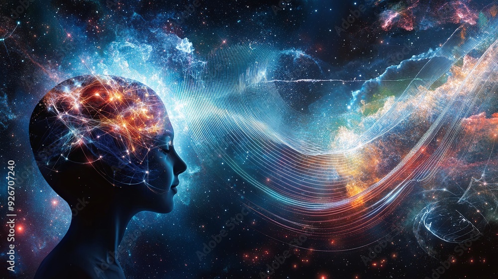 A dynamic portrayal of sound waves merging with cosmic elements, forming a connection between the mind and the universe, enhancing meditation and subconscious treatment A dynamic portrayal of sound waves merging with cosmic elements, forming a connection between the mind and the universe, enhancing meditation and subconscious treatment