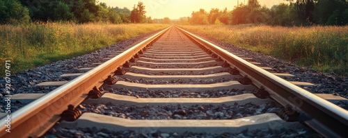 Scenic railroad tracks stretching into the distance at sunset, surrounded by trees and grass, symbolizing travel and adventure. photo