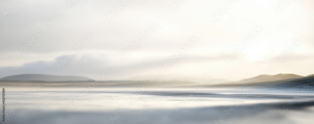Serene seascape with gentle waves and distant hills under a soft, cloudy sky during a tranquil sunset. Serene seascape with gentle waves and distant hills under a soft, cloudy sky during a tranquil sunset.