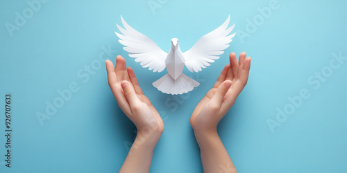 Child releasing a white dove against a blue backdrop symbolizes peace and hope, conveying unity and compassion for a peaceful future. Perfect for international day of peace. Banner. Copy space