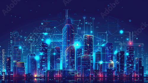 Smart city on a dark blue background, featuring intelligent infrastructure and connected buildings. This futuristic cityscape showcases IoT, 5G and AI integration. 