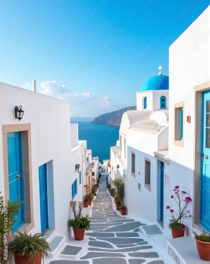 Fototapeta premium A picturesque view of Santorini's iconic whitewashed buildings with vibrant blue domes, set against the stunning backdrop of the Aegean Sea under a clear, sunny sky.