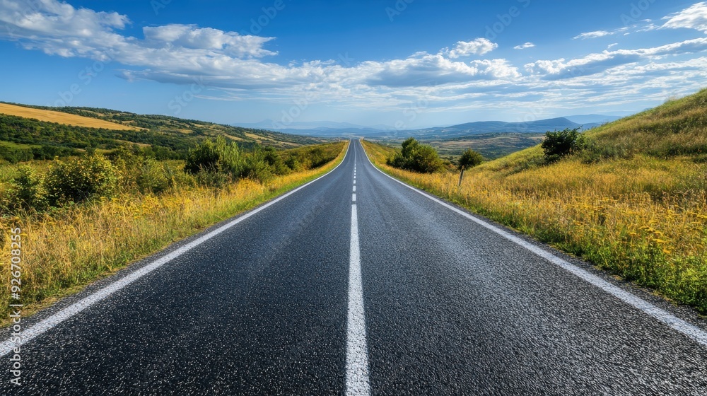 Straight asphalt road leading into the horizon with scenic countryside, green fields, blue sky, and clouds in the background. Straight asphalt road leading into the horizon with scenic countryside, green fields, blue sky, and clouds in the background.