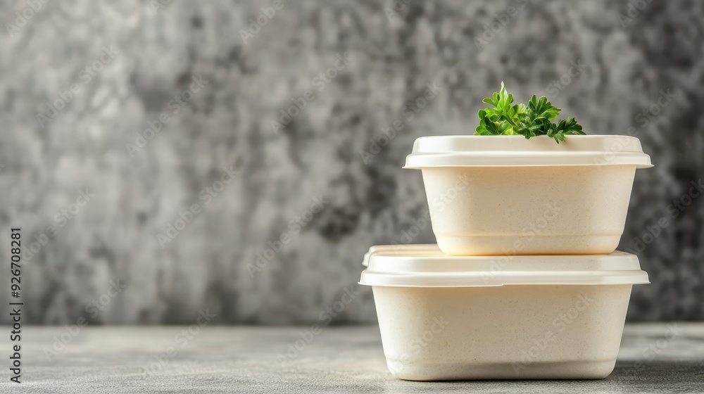 Two stacked eco-friendly food containers on a gray marble background, ideal for meal prep, delivery, or takeout in a sustainable manner. Two stacked eco-friendly food containers on a gray marble background, ideal for meal prep, delivery, or takeout in a sustainable manner.