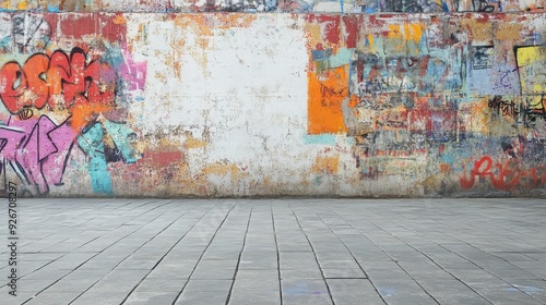 Urban graffiti art on textured wall with empty concrete floor, vibrant street artwork background, colorful spray paint designs.