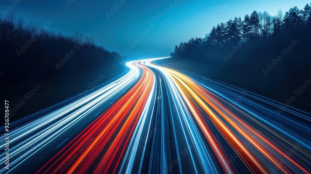 Vibrant long exposure of traffic lights at night on a highway surrounded by trees, creating dynamic streaks of light, speed, and motion. Vibrant long exposure of traffic lights at night on a highway surrounded by trees, creating dynamic streaks of light, speed, and motion.